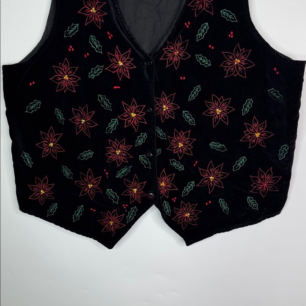 Vintage Victoria Jones Embroidered Poinsettias Holly Christmas Velvet Vest 3X - Picture 3 of 8